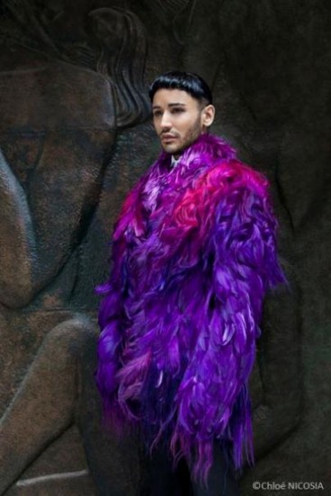 Purple and fuchsia coq feather and human hair coat